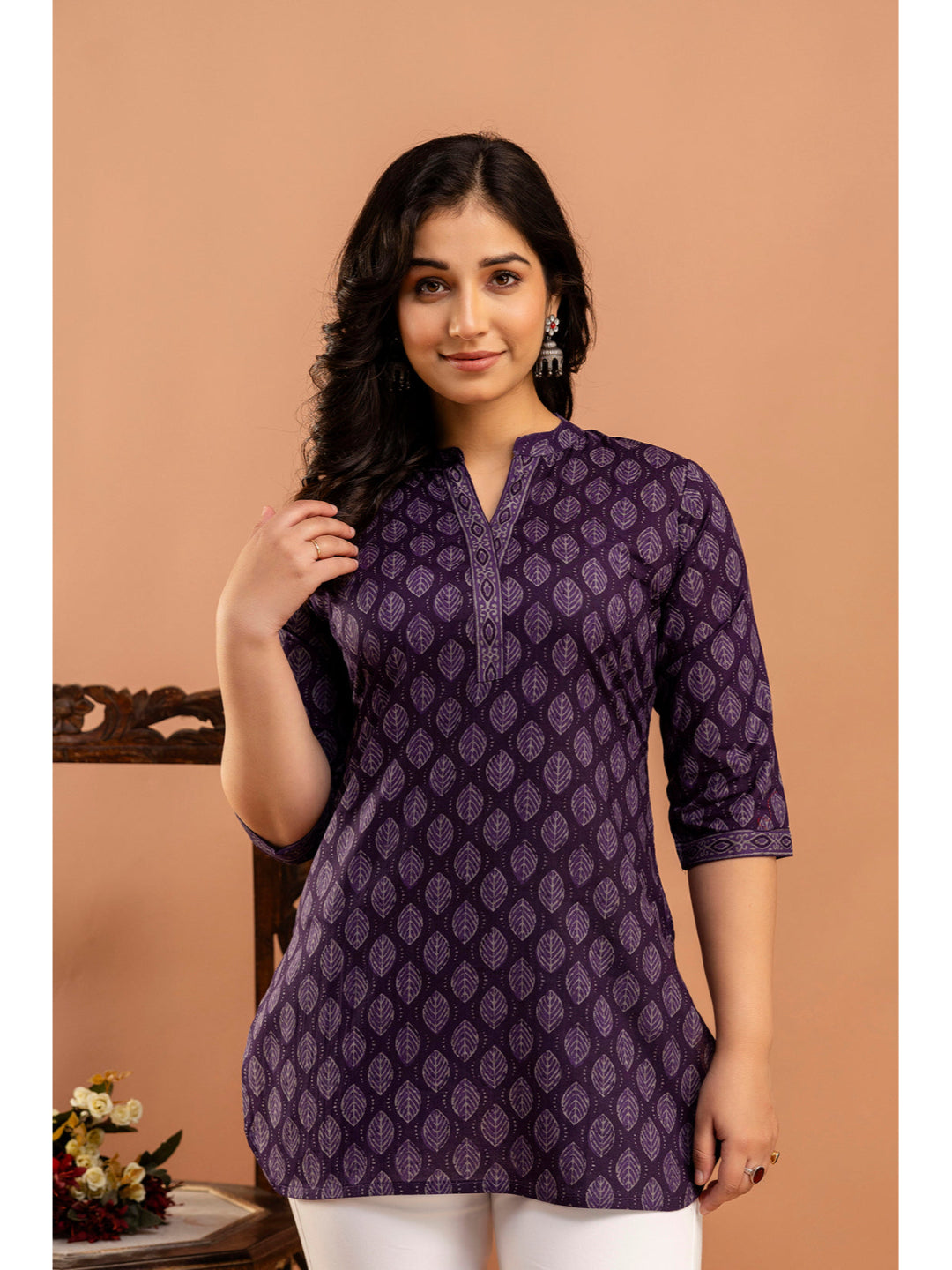 Purple Printed Straight Tunic With Three Quarter Sleeves
