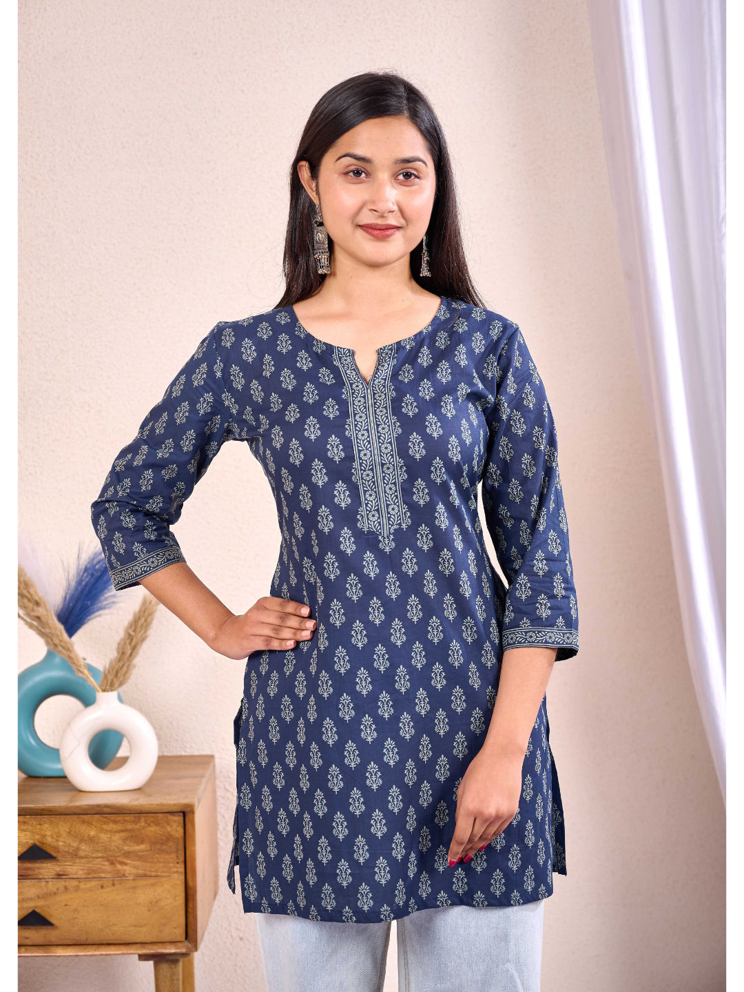 Navy Blue Printed Straight Tunic