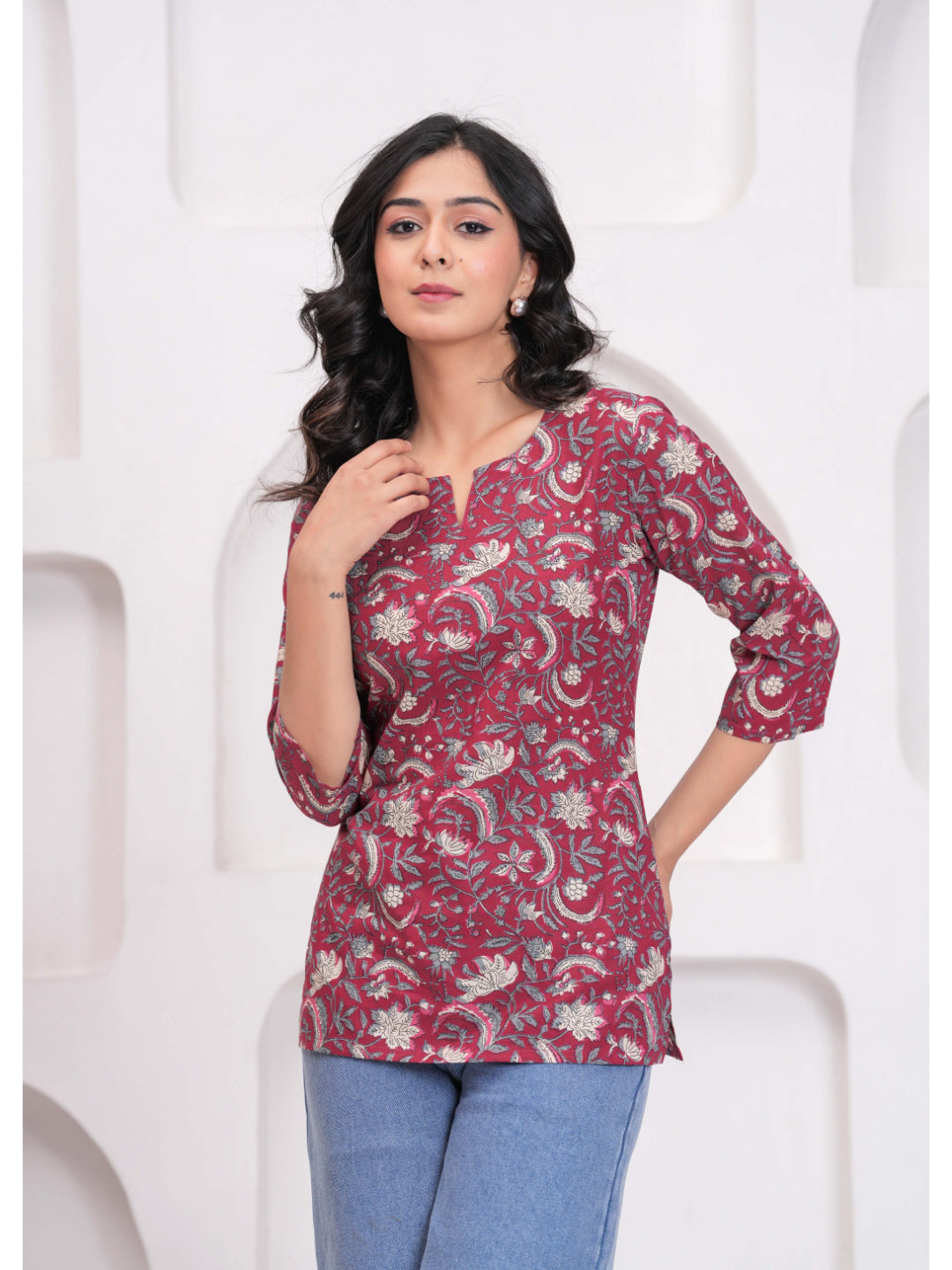Maroon Floral Printed Straight Tunic