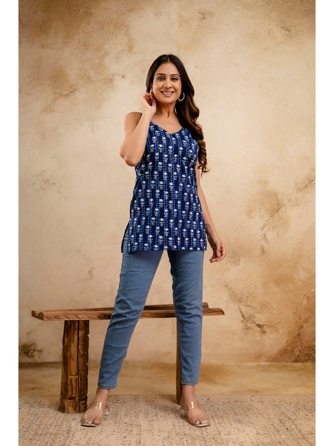 Blue Printed Sleeveless Top