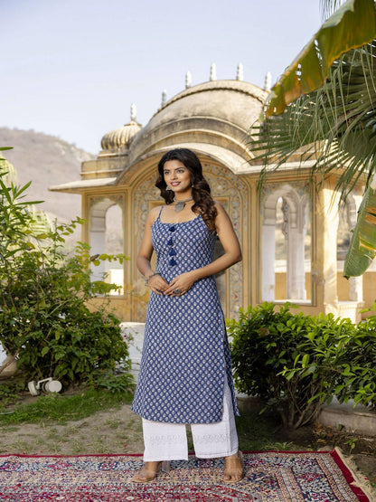 Blue Ethnic Straight Sleeveless Kurta