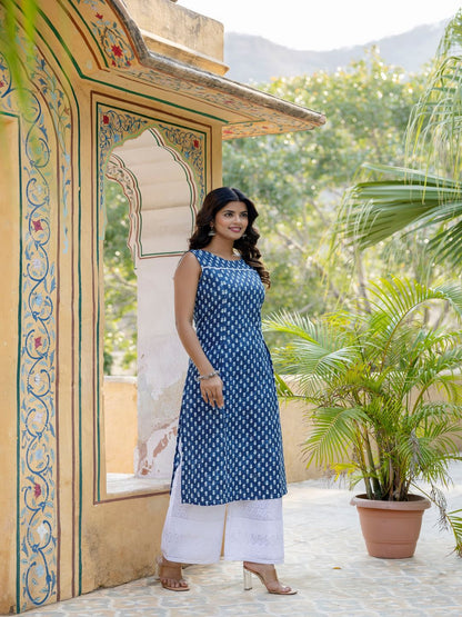 Blue Ethnic Straight Sleeveless Kurta