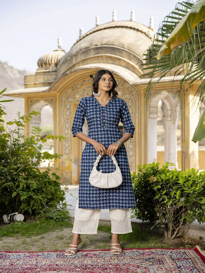 Blue Ethnic Printed Straight Kurta With Three Quarter Sleeves