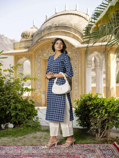 Blue Ethnic Printed Straight Kurta With Three Quarter Sleeves