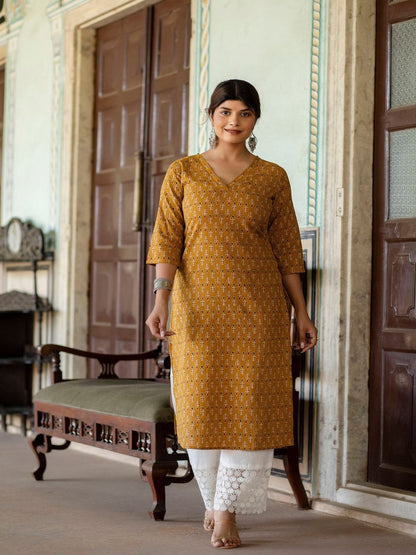 Yellow Ethnic Printed Straight Kurta With Three Quarter Sleeves
