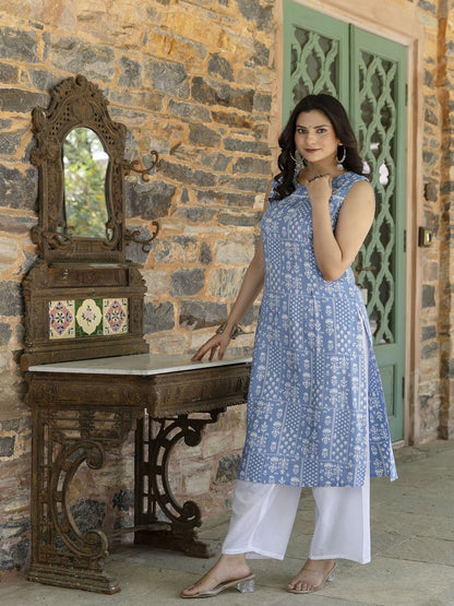 Blue Ethnic Straight Sleeveless Kurta