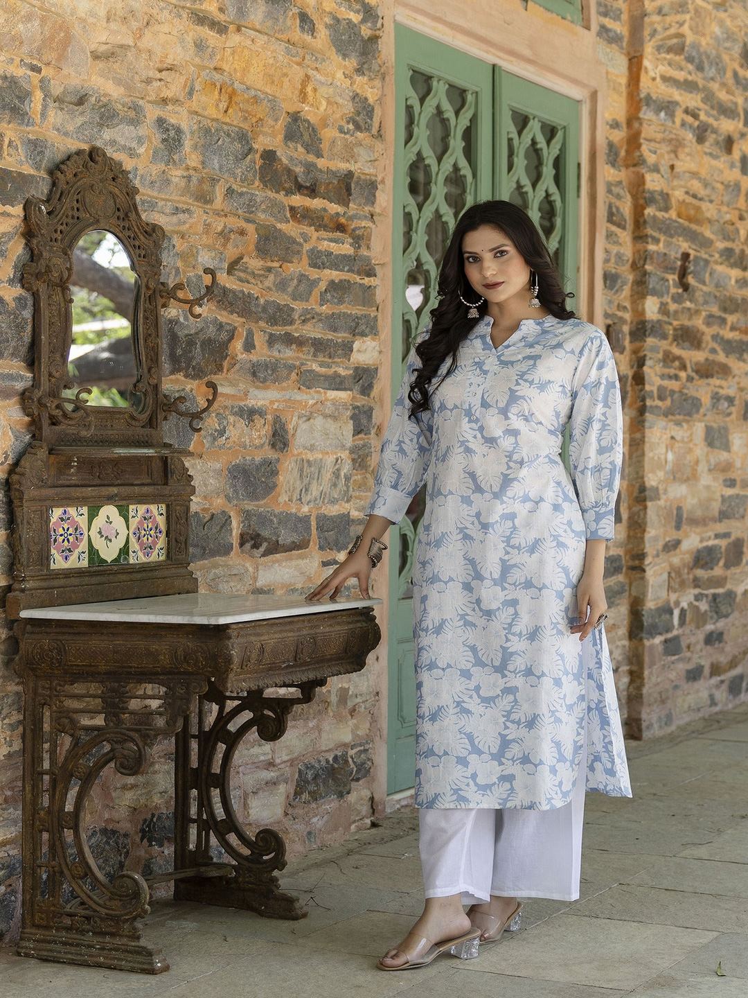Blue Printed Straight Kurta With Three Quarter Sleeves