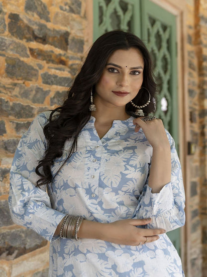 Blue Printed Straight Kurta With Three Quarter Sleeves