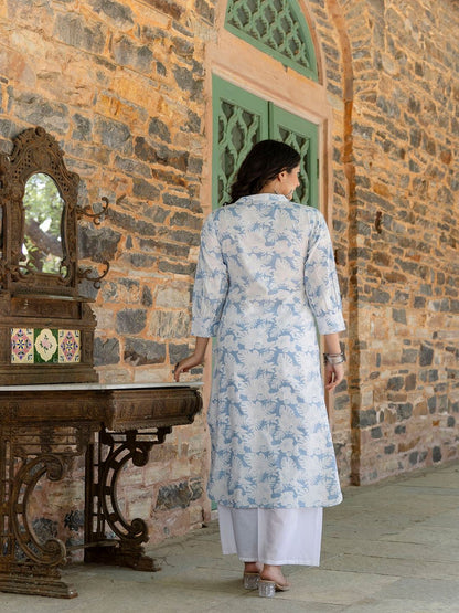 Blue Printed Straight Kurta With Three Quarter Sleeves