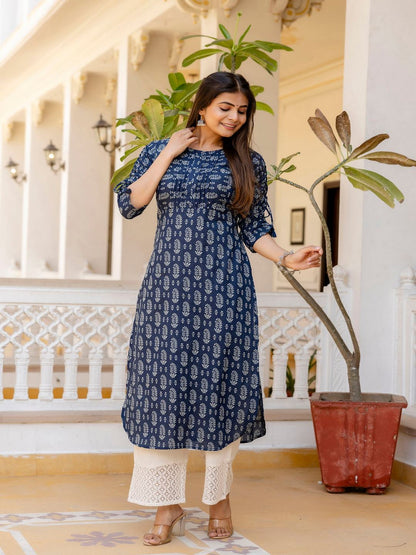 Navy Blue Printed Straight Kurta With Three Quarter Sleeves