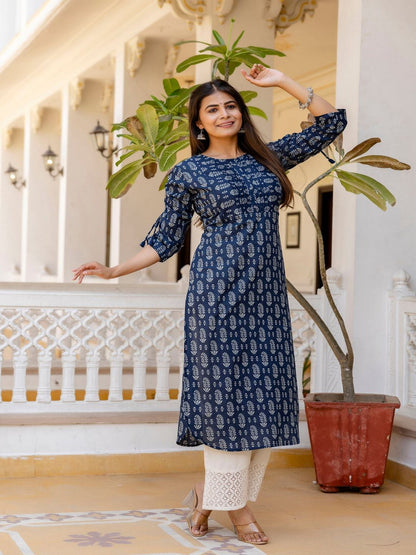 Navy Blue Printed Straight Kurta With Three Quarter Sleeves