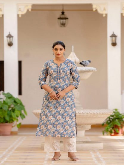 Blue Printed Straight Kurta With Three Quarter Sleeves