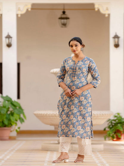 Blue Printed Straight Kurta With Three Quarter Sleeves
