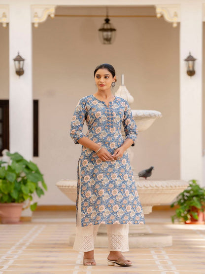 Blue Printed Straight Kurta With Three Quarter Sleeves