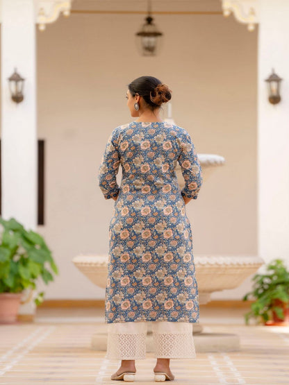 Blue Printed Straight Kurta With Three Quarter Sleeves