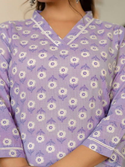 Purple Ethnic Printed Straight Kurta With Three Quarter Sleeves