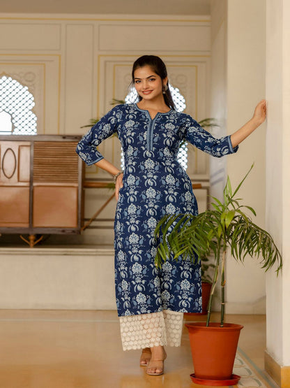 Blue Printed Straight Kurta With Three Quarter Sleeves