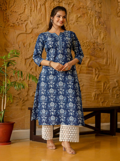 Blue Printed Straight Kurta With Three Quarter Sleeves