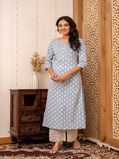Blue Printed Straight Kurta With Three Quarter Sleeves
