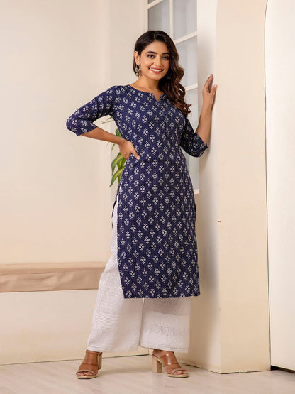 Navy Blue Printed Straight Kurta With Three Quarter Sleeves