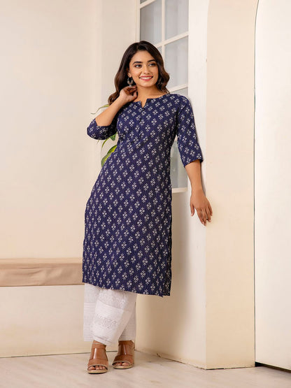 Navy Blue Printed Straight Kurta With Three Quarter Sleeves