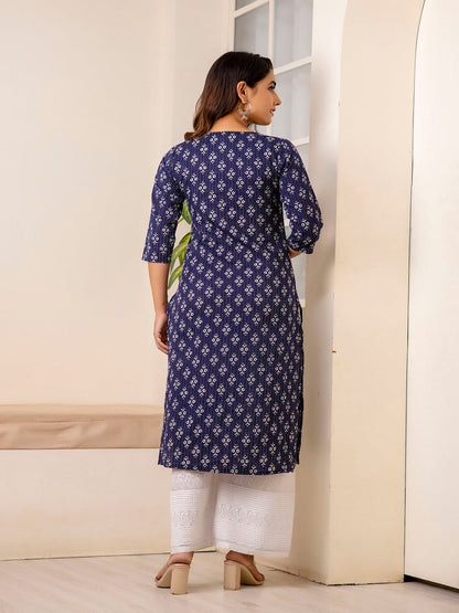Navy Blue Printed Straight Kurta With Three Quarter Sleeves