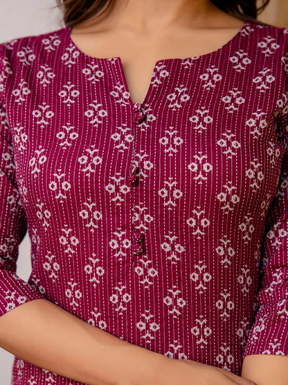Burgundy Printed Straight Kurta With Three Quarter Sleeves