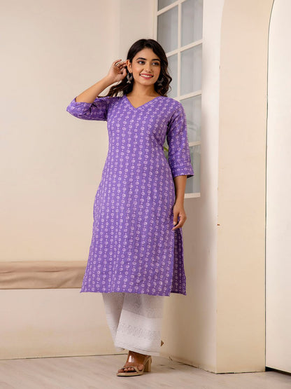 Purple Printed Straight Kurta With Three Quarter Sleeves