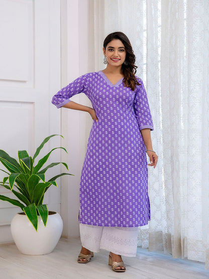 Purple Printed Straight Kurta With Three Quarter Sleeves