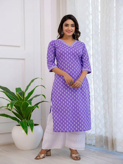 Purple Printed Straight Kurta With Three Quarter Sleeves