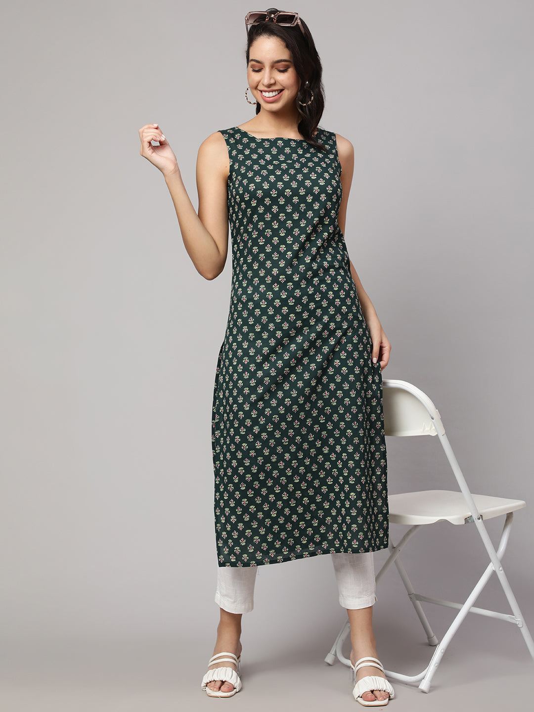 Green Ethnic Printed Straight Sleeveless Kurta