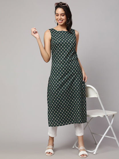 Green Ethnic Printed Straight Sleeveless Kurta