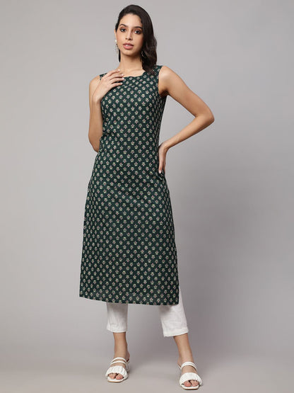 Green Ethnic Printed Straight Sleeveless Kurta