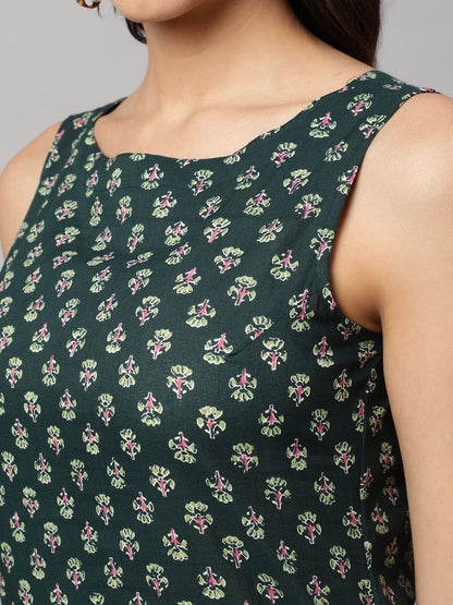 Green Ethnic Printed Straight Sleeveless Kurta