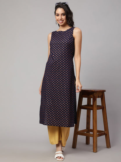 Navy Blue Printed Straight Sleeveless Kurta