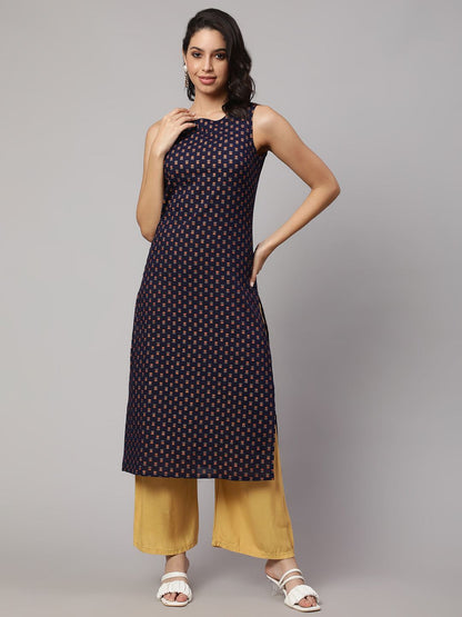 Navy Blue Printed Straight Sleeveless Kurta