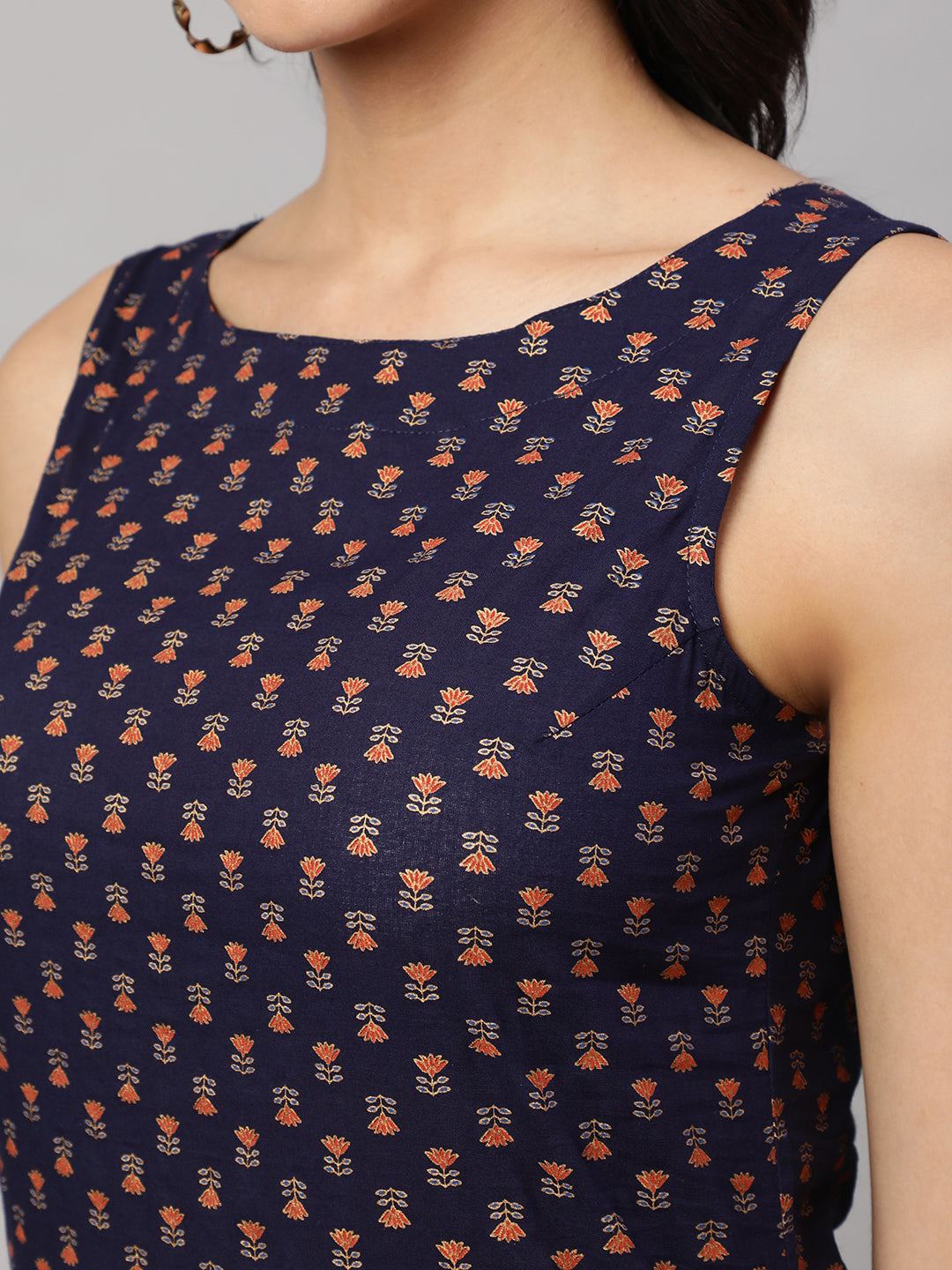 Navy Blue Printed Straight Sleeveless Kurta