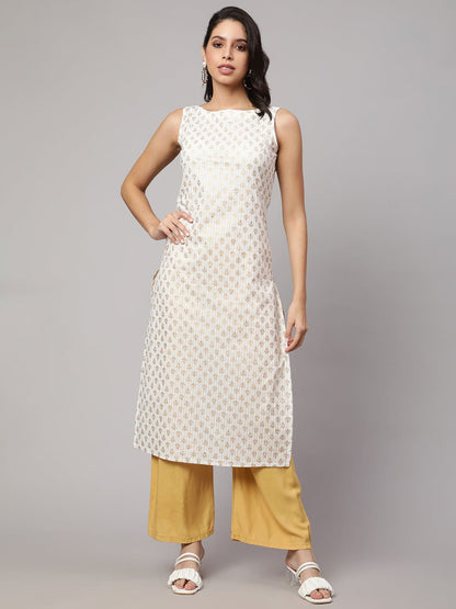 White Gold Printed Straight Sleeveless Kurta