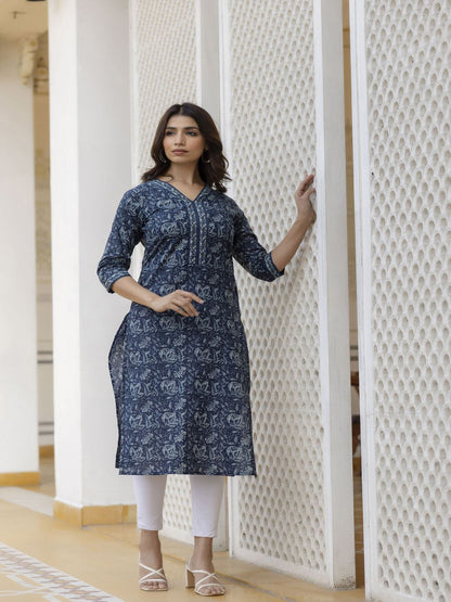 Navy Blue Floral Printed Straight Kurta With Three Quarter Sleeves