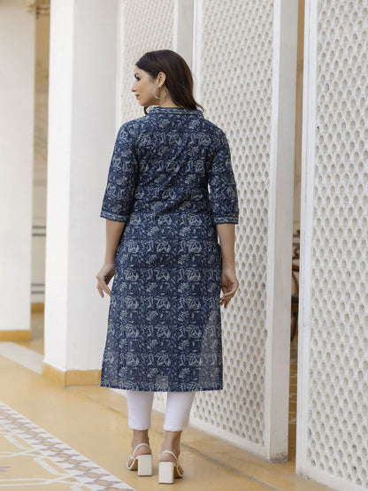 Navy Blue Floral Printed Straight Kurta With Three Quarter Sleeves