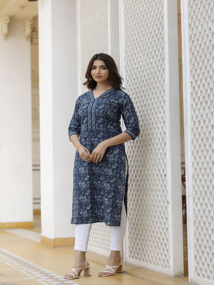 Navy Blue Floral Printed Straight Kurta With Three Quarter Sleeves