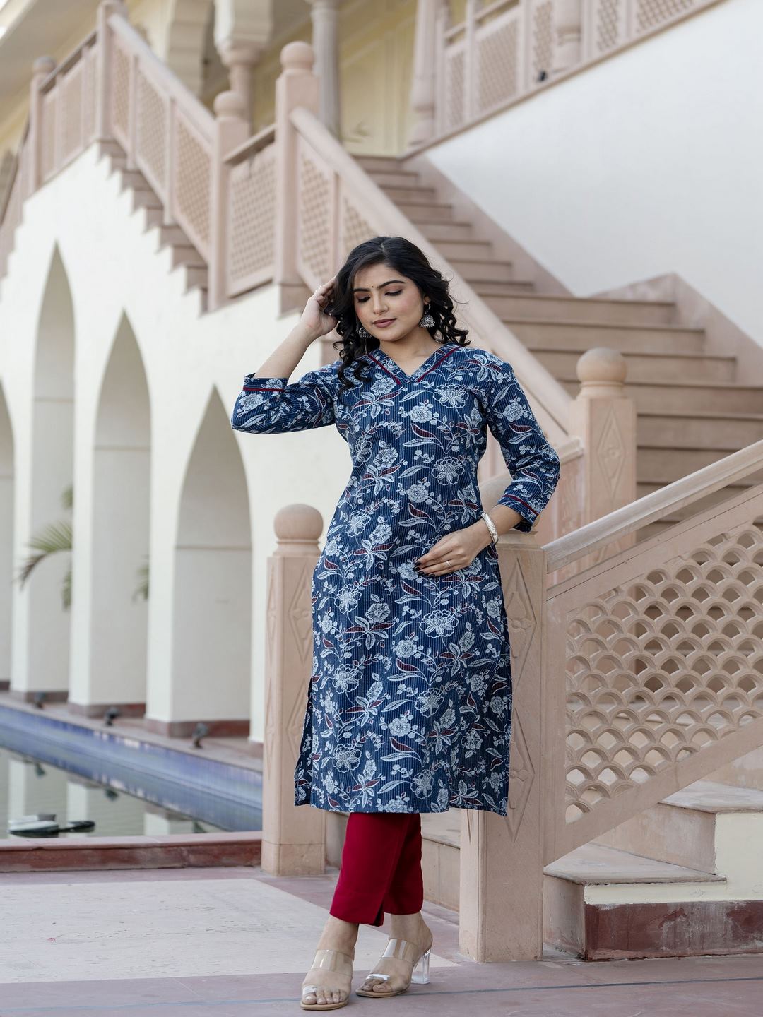 Blue Printed Straight Kurta With Three Quarter Sleeves