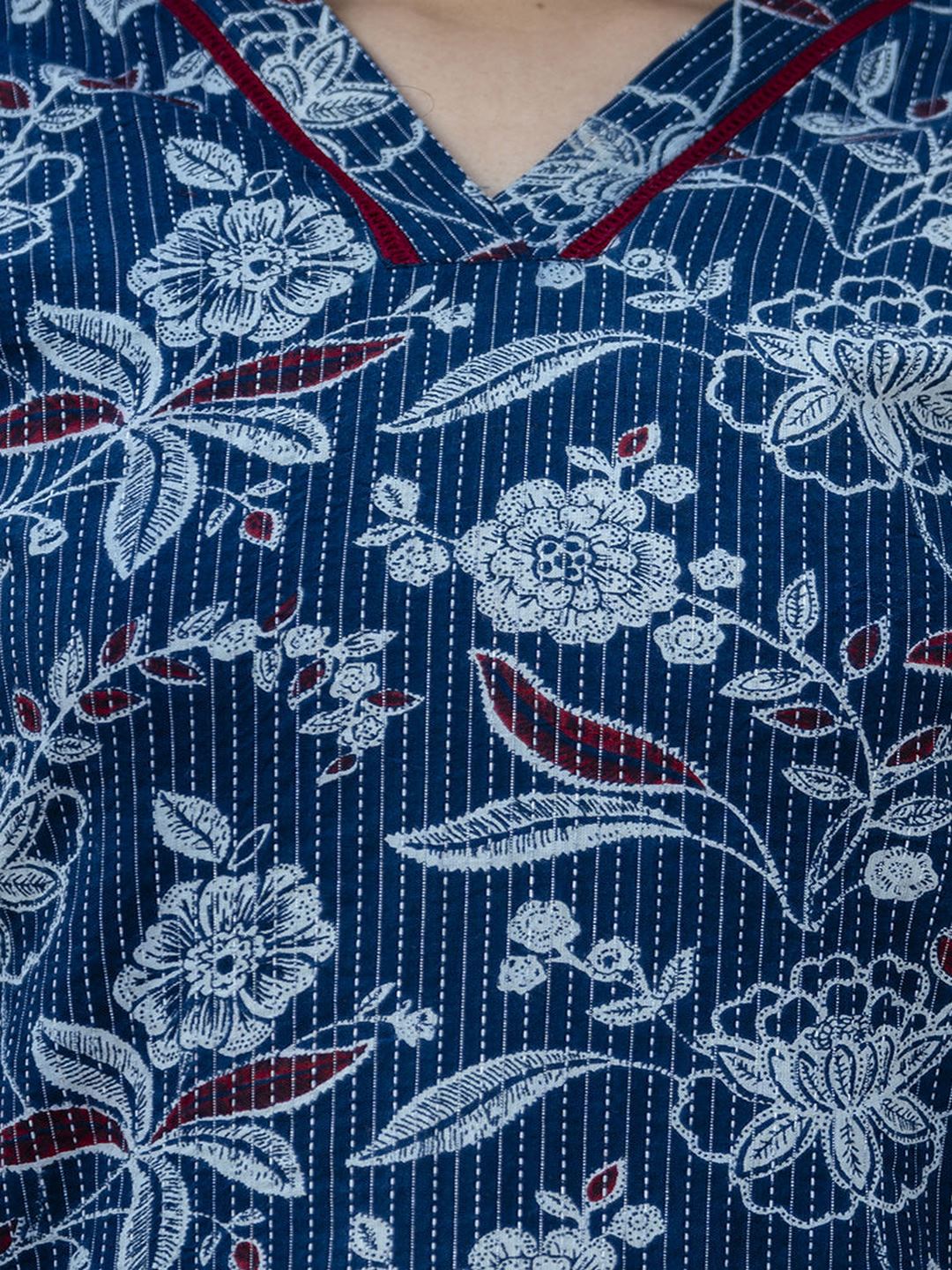 Blue Printed Straight Kurta With Three Quarter Sleeves