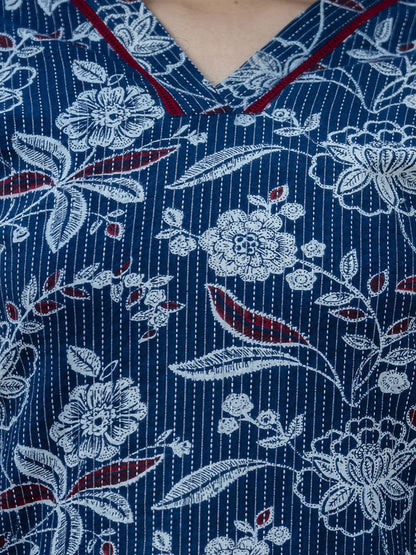 Blue Printed Straight Kurta With Three Quarter Sleeves