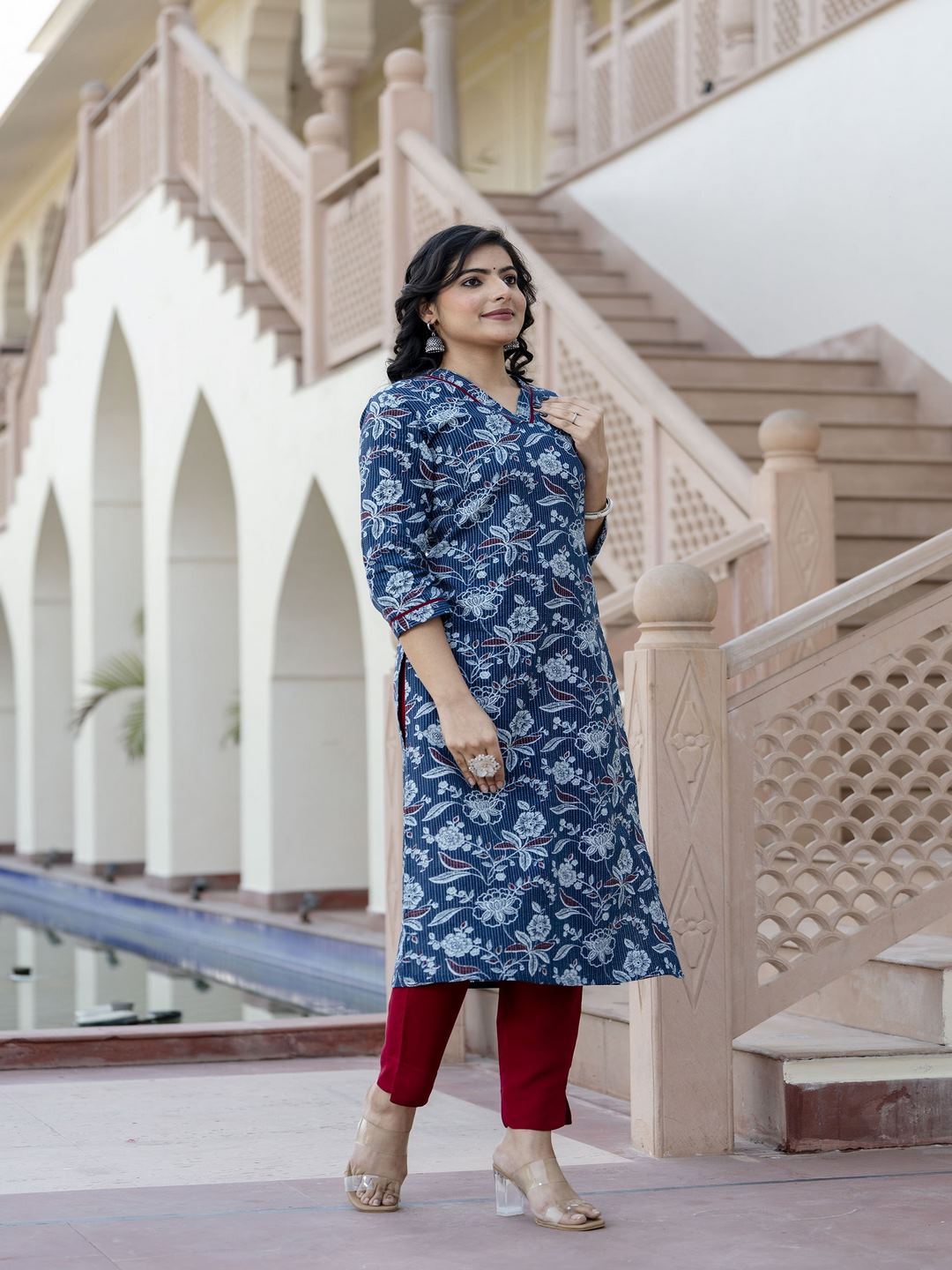 Blue Printed Straight Kurta With Three Quarter Sleeves
