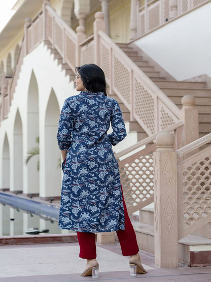 Blue Printed Straight Kurta With Three Quarter Sleeves