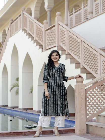 Black Ikat Printed Straight V-Neck Kurta