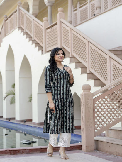 Black Ikat Printed Straight V-Neck Kurta