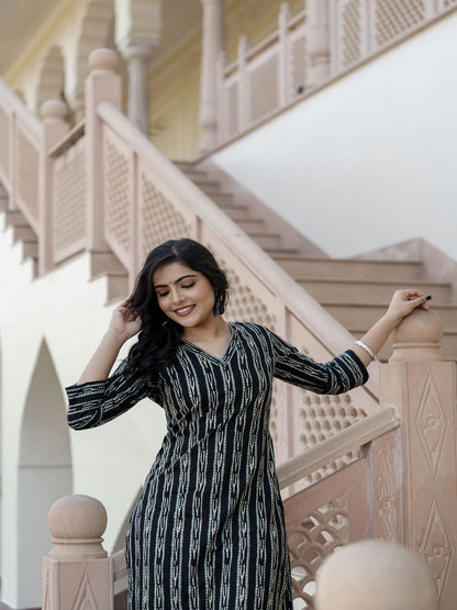 Black Ikat Printed Straight V-Neck Kurta
