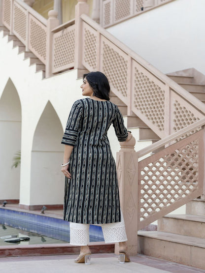 Black Ikat Printed Straight V-Neck Kurta